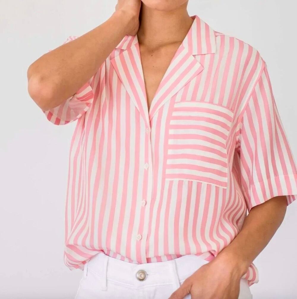 AYR The Pool Boy Flamingo Pink White Stripe Silk Blend Camp Shirt Short Sleeve